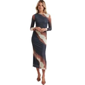 Bronze Snake Amaya Midi Long Sleeve Mesh Dress L